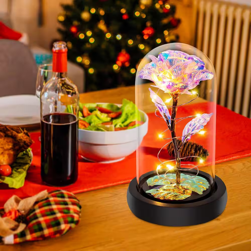 6.1 In. H Colorful Artificial Rose in Glass Dome with LED Lighting for Women