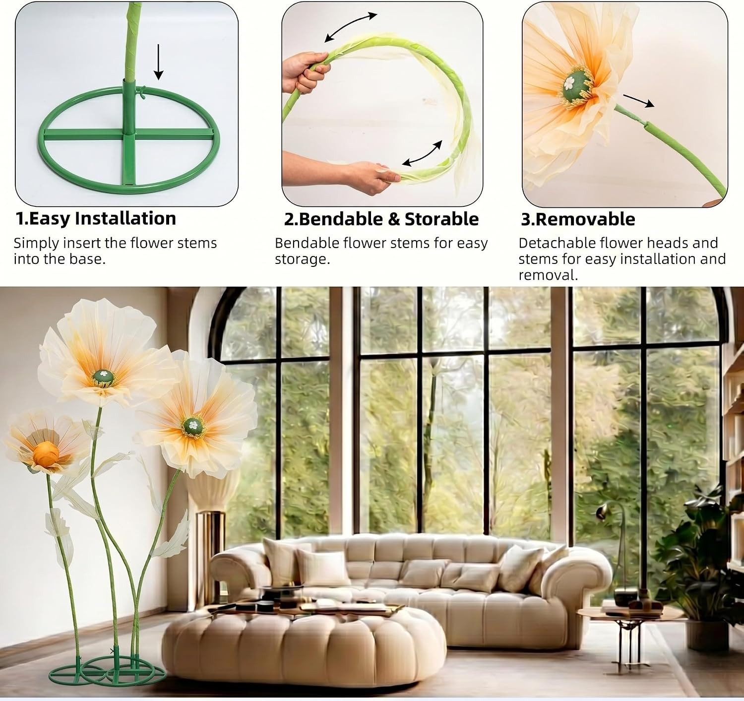 5.9 Ft Giant Artificial Flowers with Stand, Large Organza Flower Set, Huge Poppy
