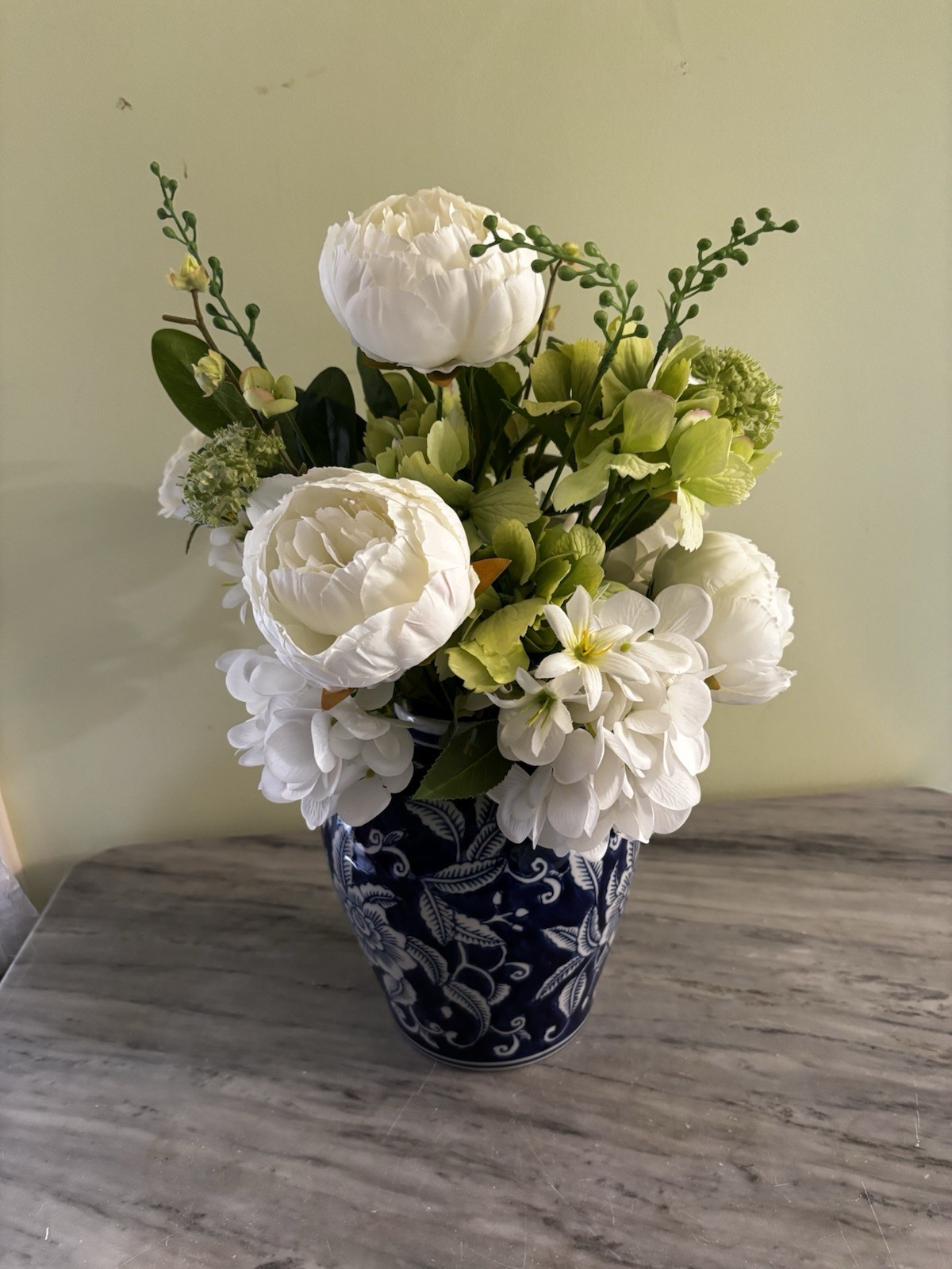 White Peonies Silk Flowers In Cobalt Blue Vase Decor Stands Approx 17” Tall