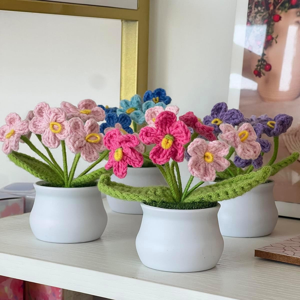 Artificial Crochet Flowers Handmade Knit Bouquet Home Decor Gift Pink A