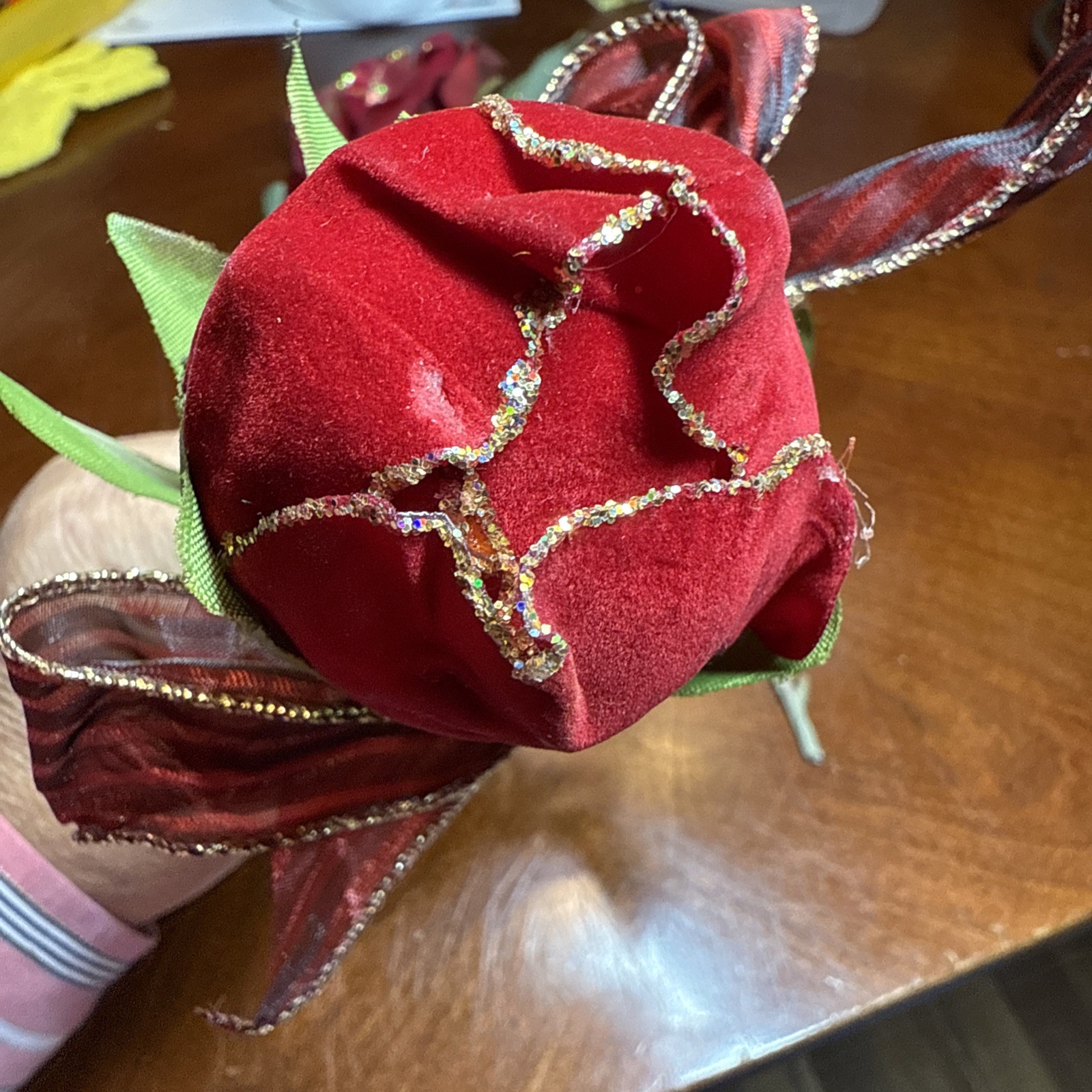 3 Pcs Faux Velvet Rose Flowers W/ Bows Christmas Pier One VTG Home Decorating