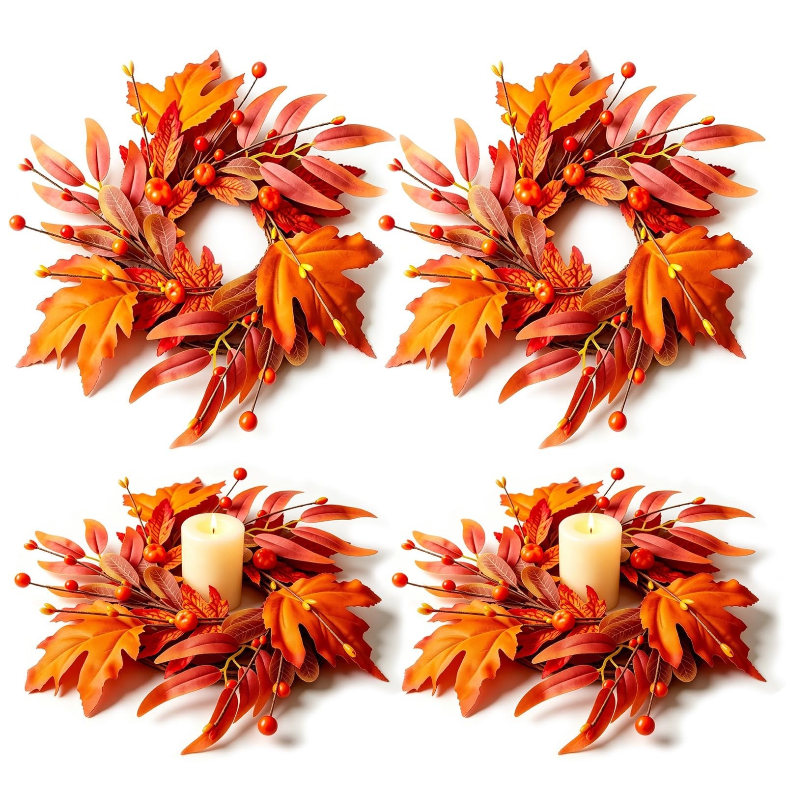 4 Pcs Mini Fall Wreaths – 9″ Maple Leaf Candle Rings, Autumn Centerpieces for Ho