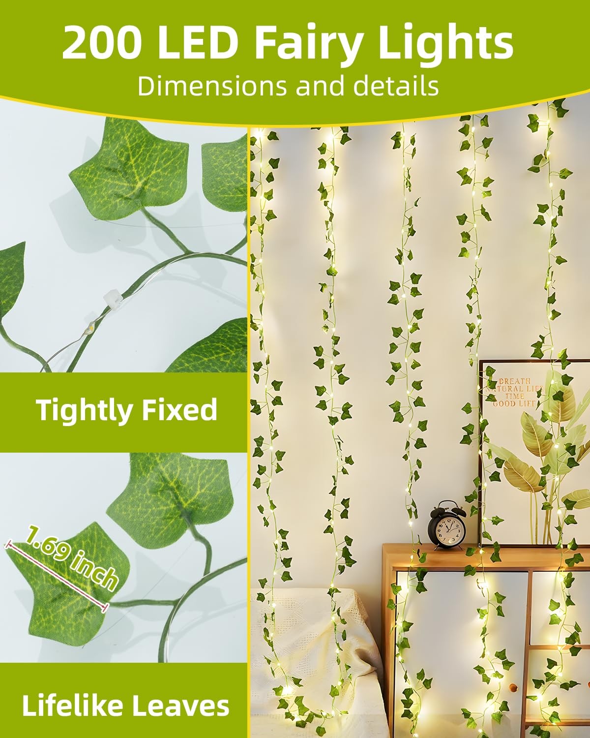 Vines with Fairy Lights for Bedroom – 200 Ivy Curtain Wall Vines for Wedding,…