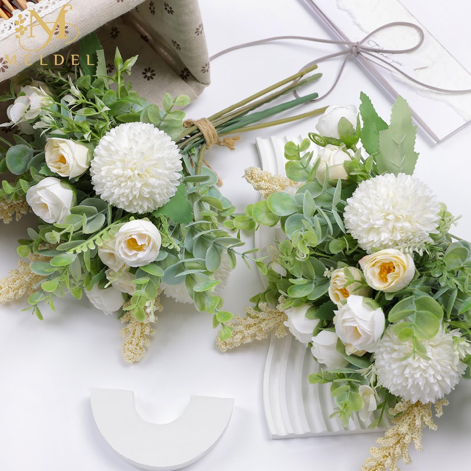 3Pcs Rose Bouquet White&Champagne Artificial Flowers Eucalyptus Plants Silk F…