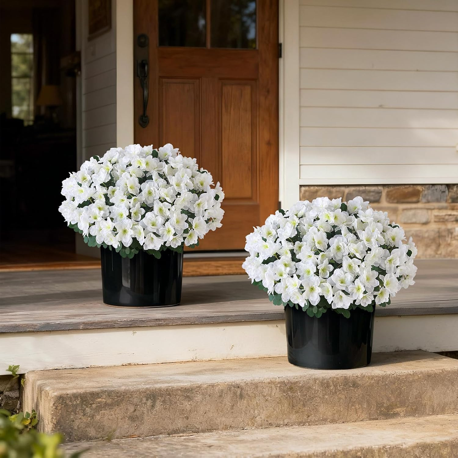 Set of 2 White Artificial Azalea Topiary Trees for Outdoor Decor