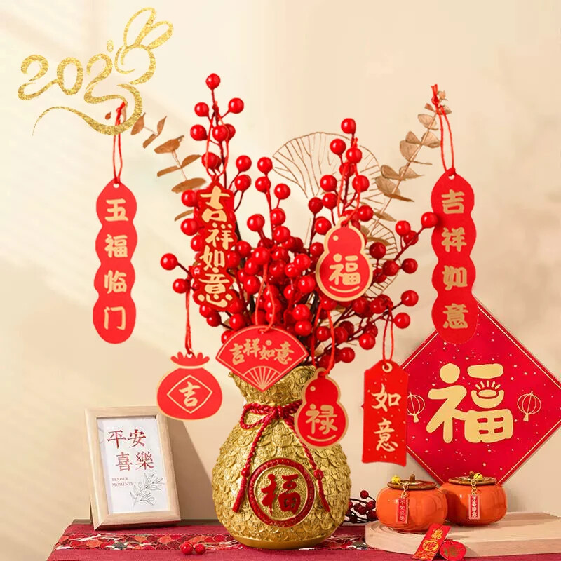 Chinese Spring Festival Decorations Vase Artificial Red Berries Plant Vase with