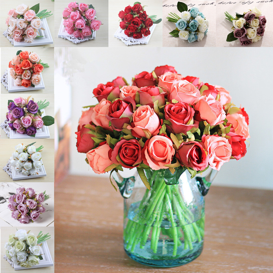 12 Head Silk Rose Flowers Floral Bridal Wedding Bouquet Home Party Decor