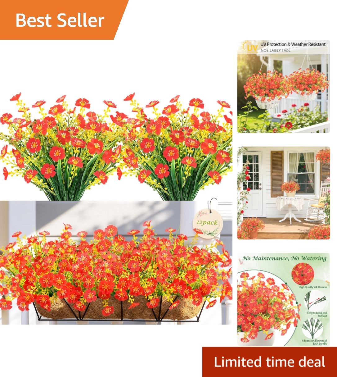 12 Bundles UV Resistant Red Artificial Flowers – Perfect Indoor & Outdoor Decor