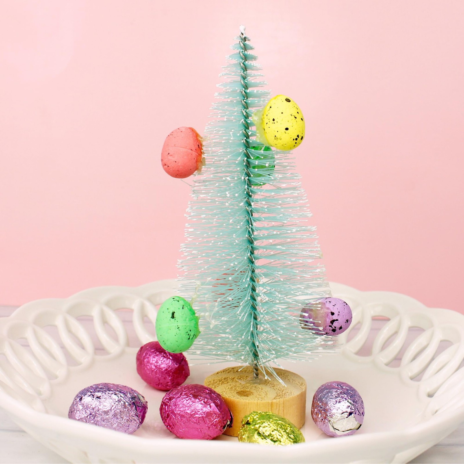 Mint Green Bottle Brush Tree with Wooden Base and Egg Accents, Easter Spring …