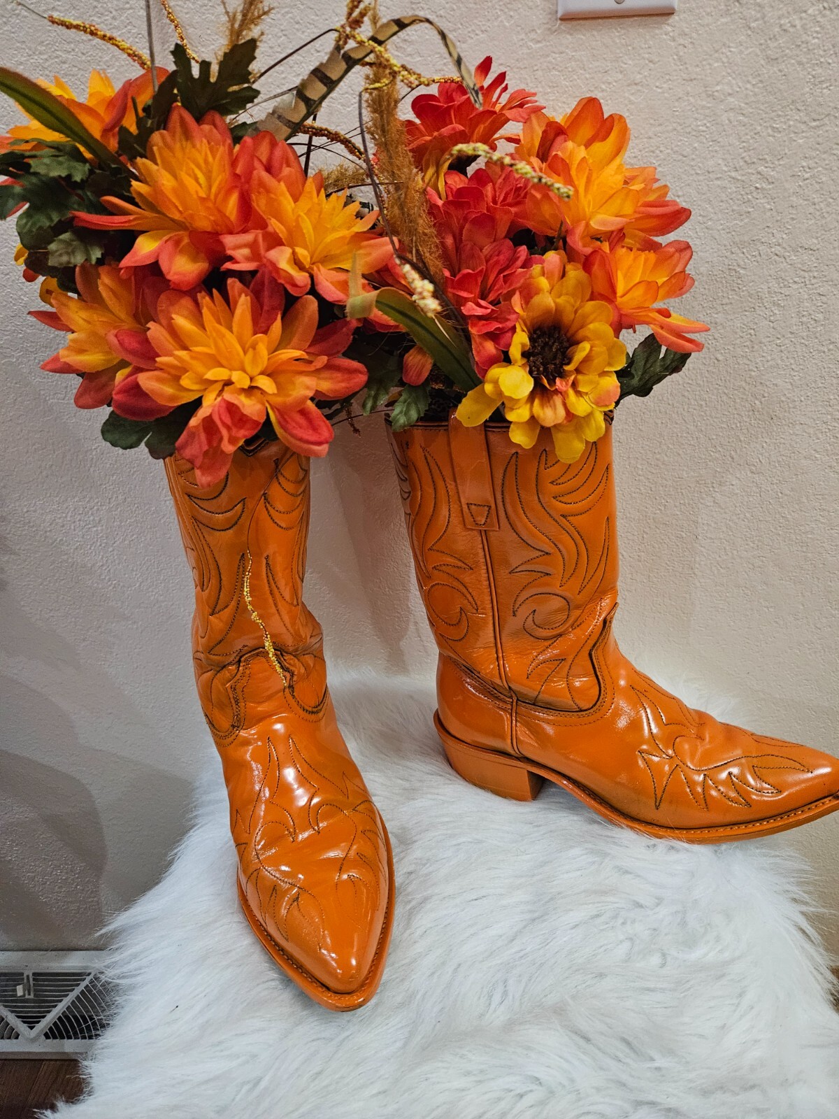 Home Decor Fall Painted Cowboy Boots W/Floral Decor
