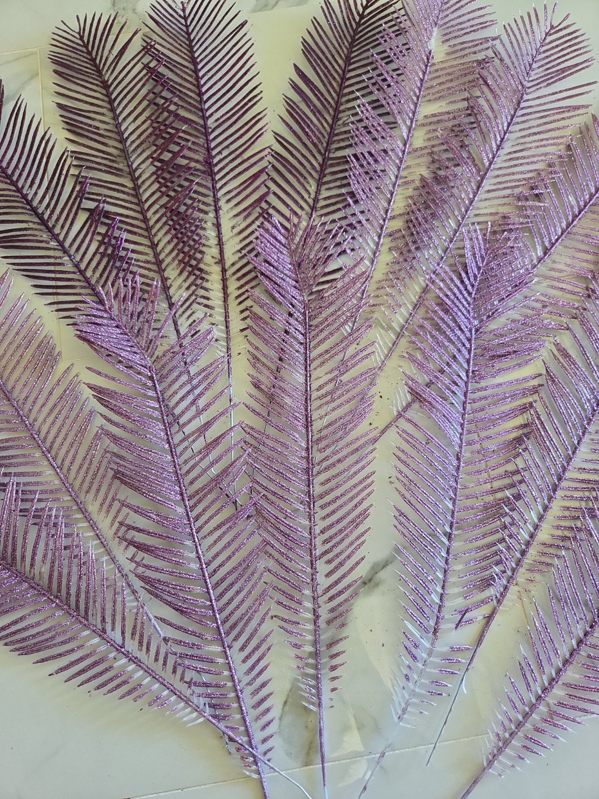 14 Pieces Purple Glittered Retro Plastic Forrest Fern, Size 15″