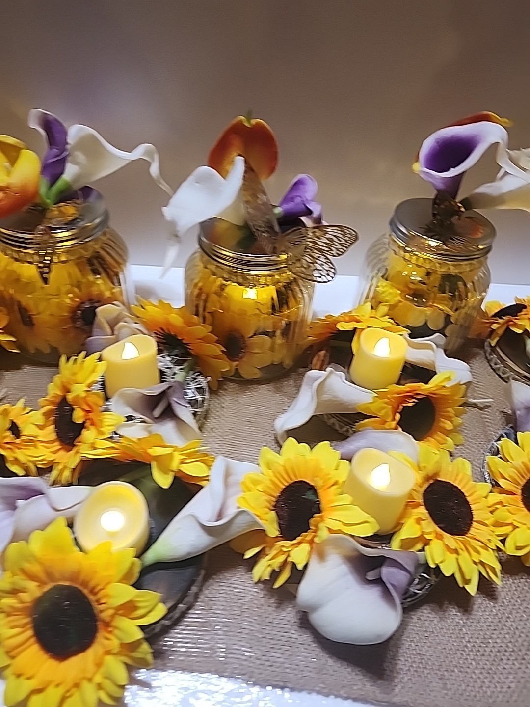 Sunflower Display W/ Lights 70 Inch Burlap 3 Canning Jar 10 Floral Candle Holder
