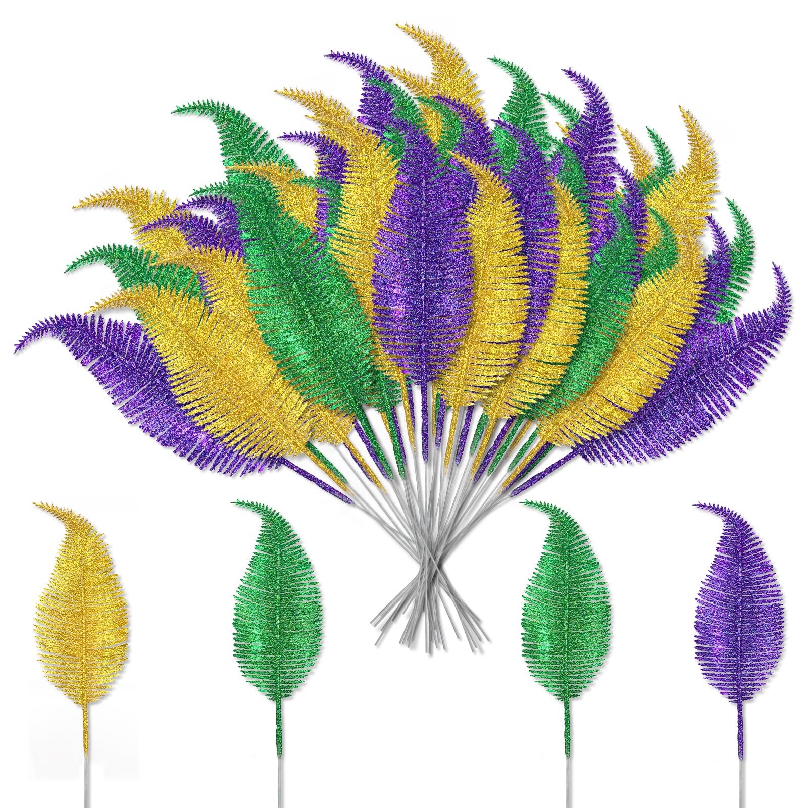 Mardi Gras Feathers Leaves Decorations Green Gold Purple Glitter Picks Bulk f…