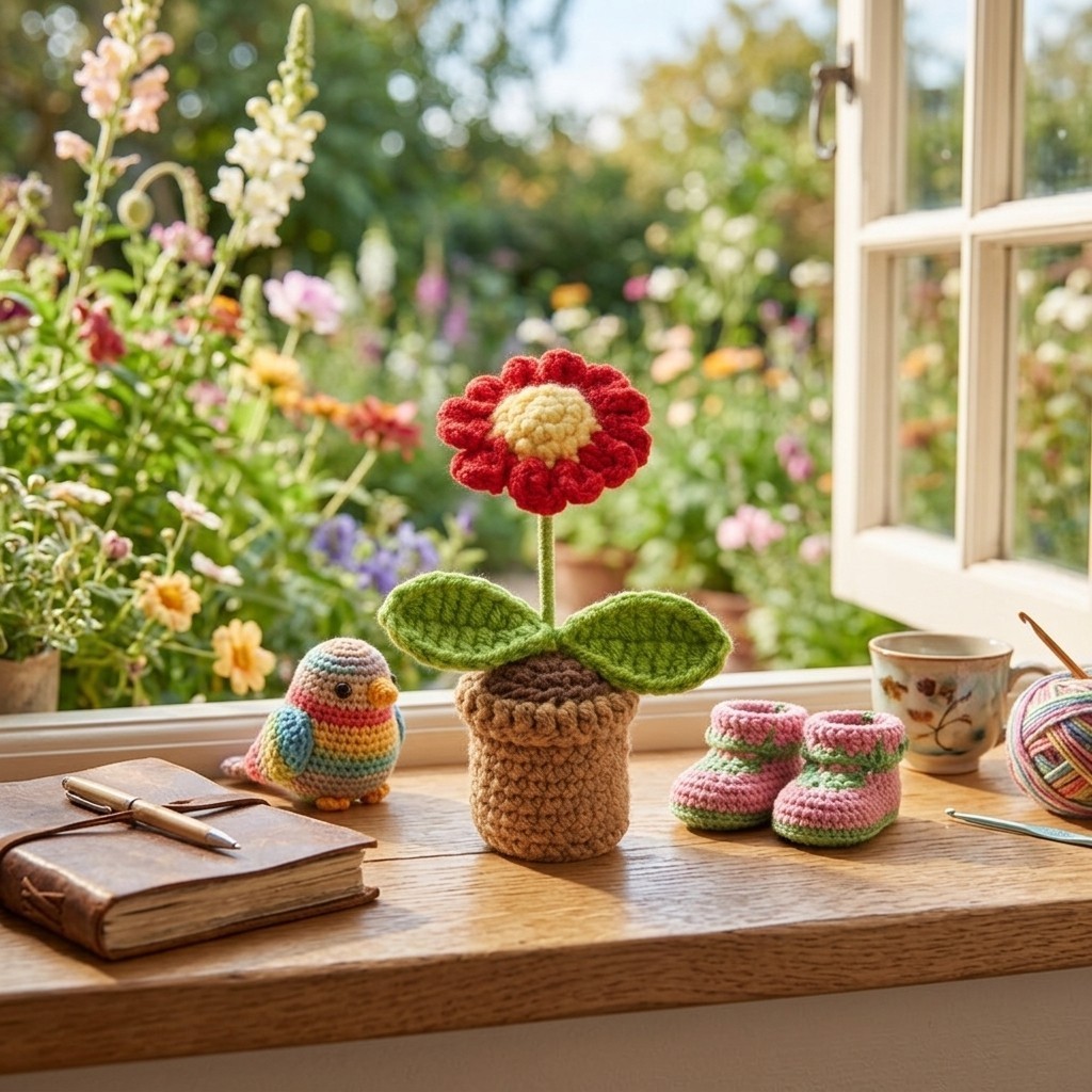 Handmade Crochet Daisy Potted Artificial Flower Desk Indoor Home Table Decor