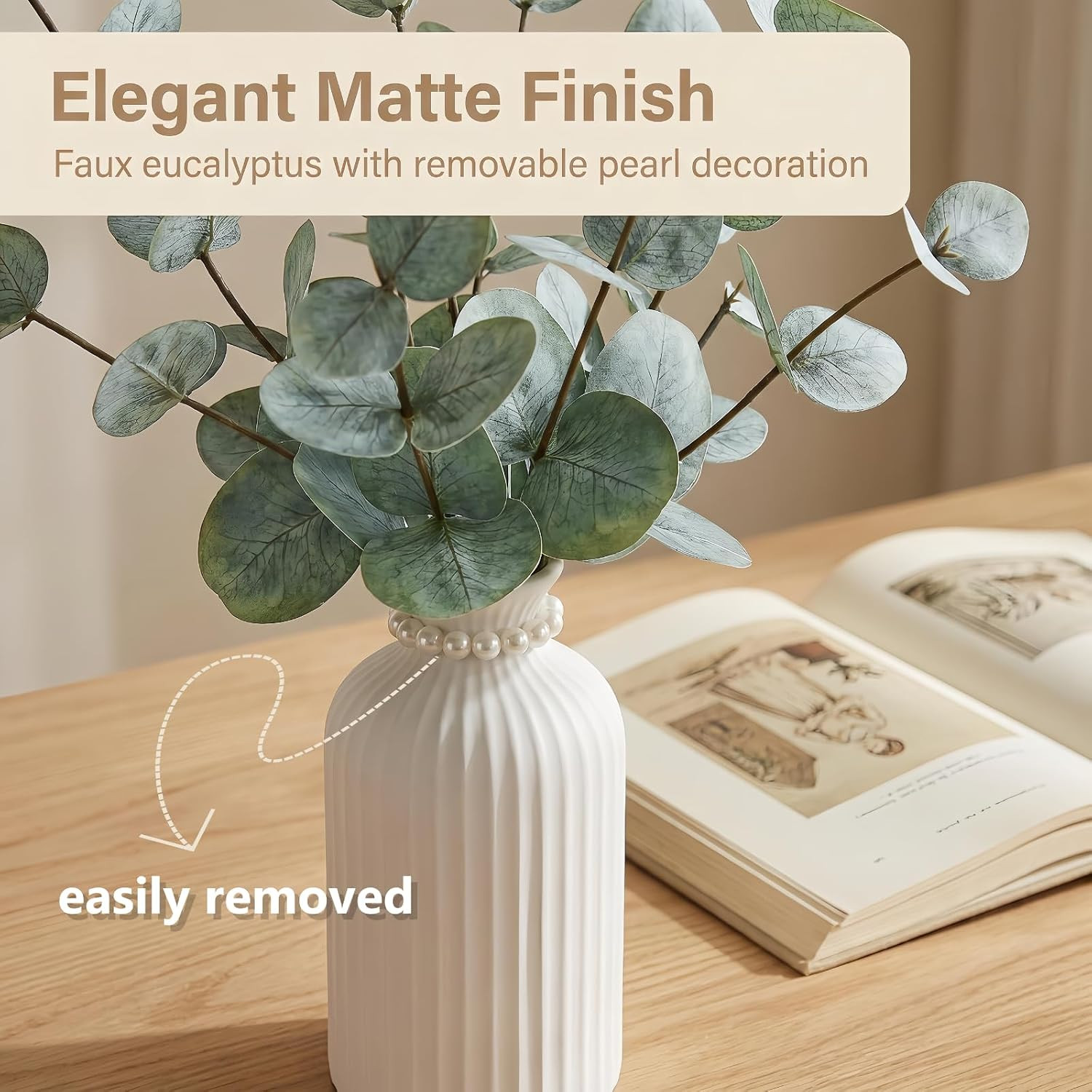 Artificial Eucalyptus Stems in Vase, Faux Plants with Frosted Ceramic Vase, Nord