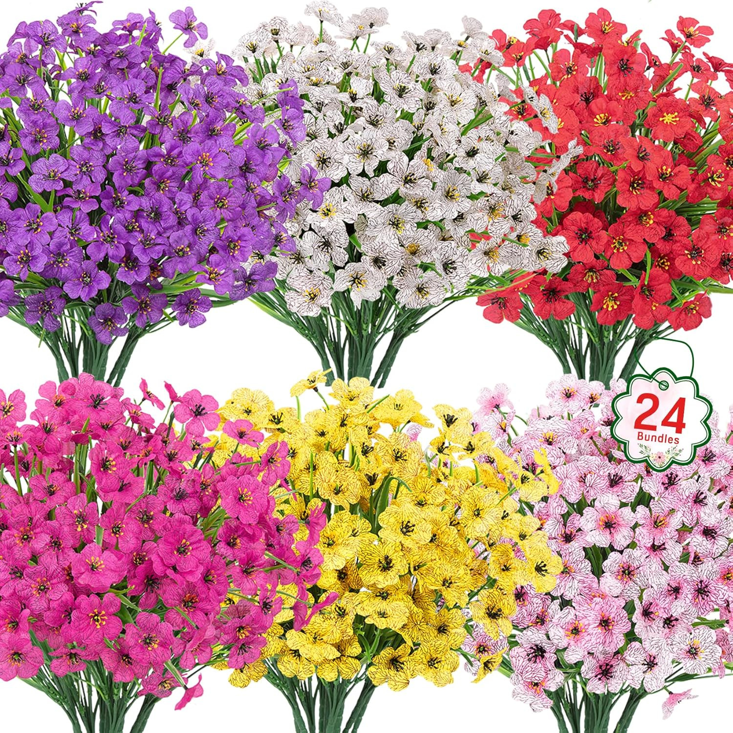 24 Bundles Artificial Flowers for Outdoors UV Resistant Silk Fake Flowers
