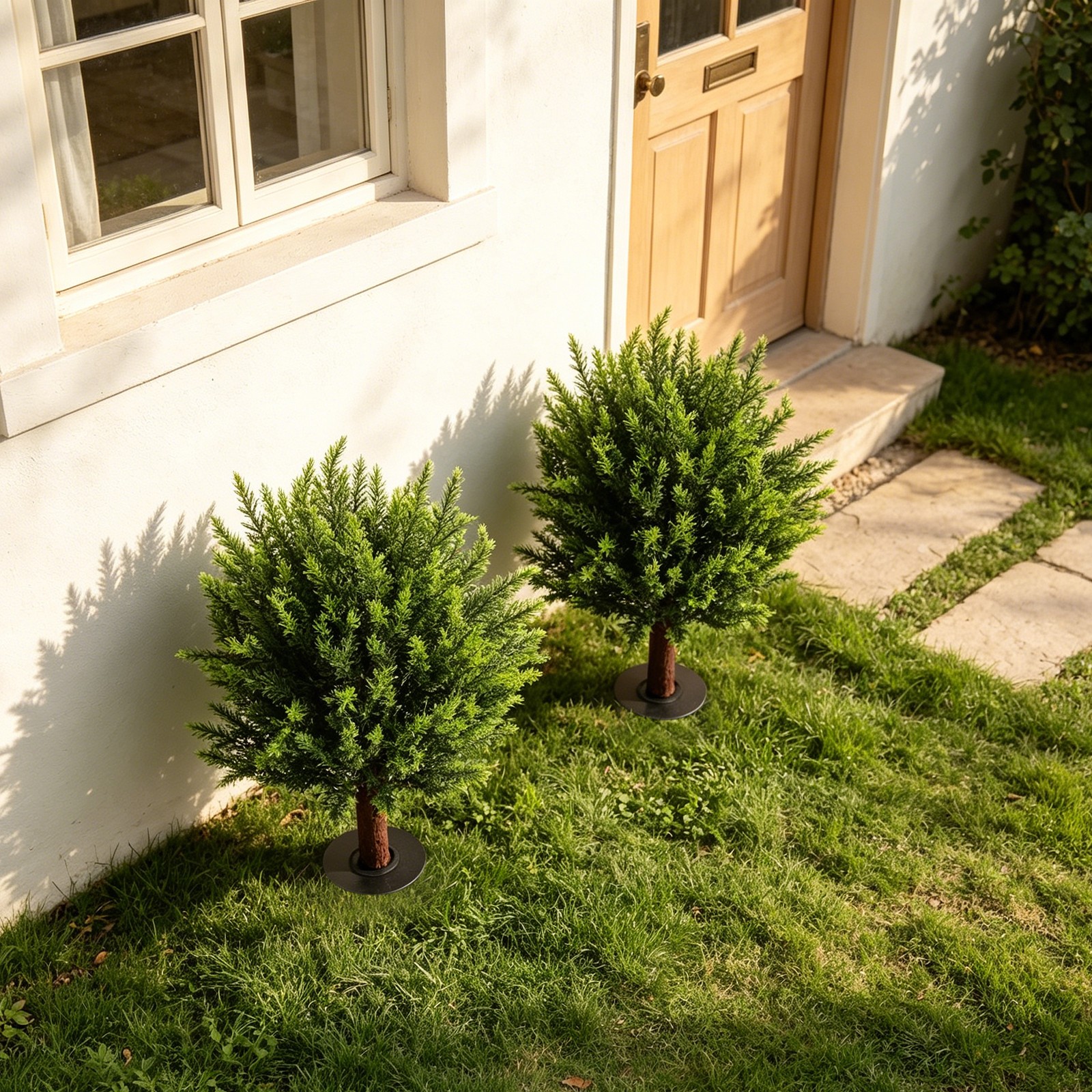 2 pcs 19x16x26.5in Faux Evergreen Trees Shrubs Artificial Plants w/ Ground Spike