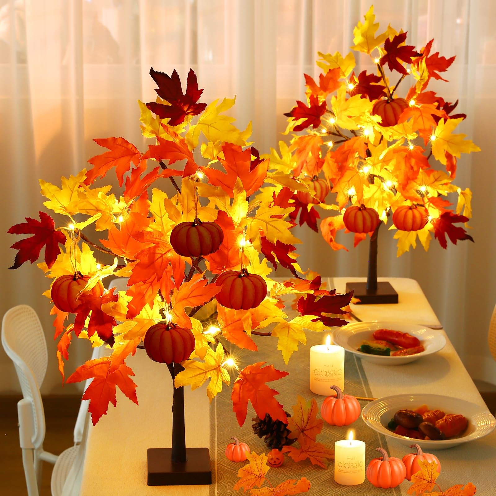 2 PCS 24 Inch Fall Maple Tree 48 LED Battery Lights 8 Pumpkin Ornaments