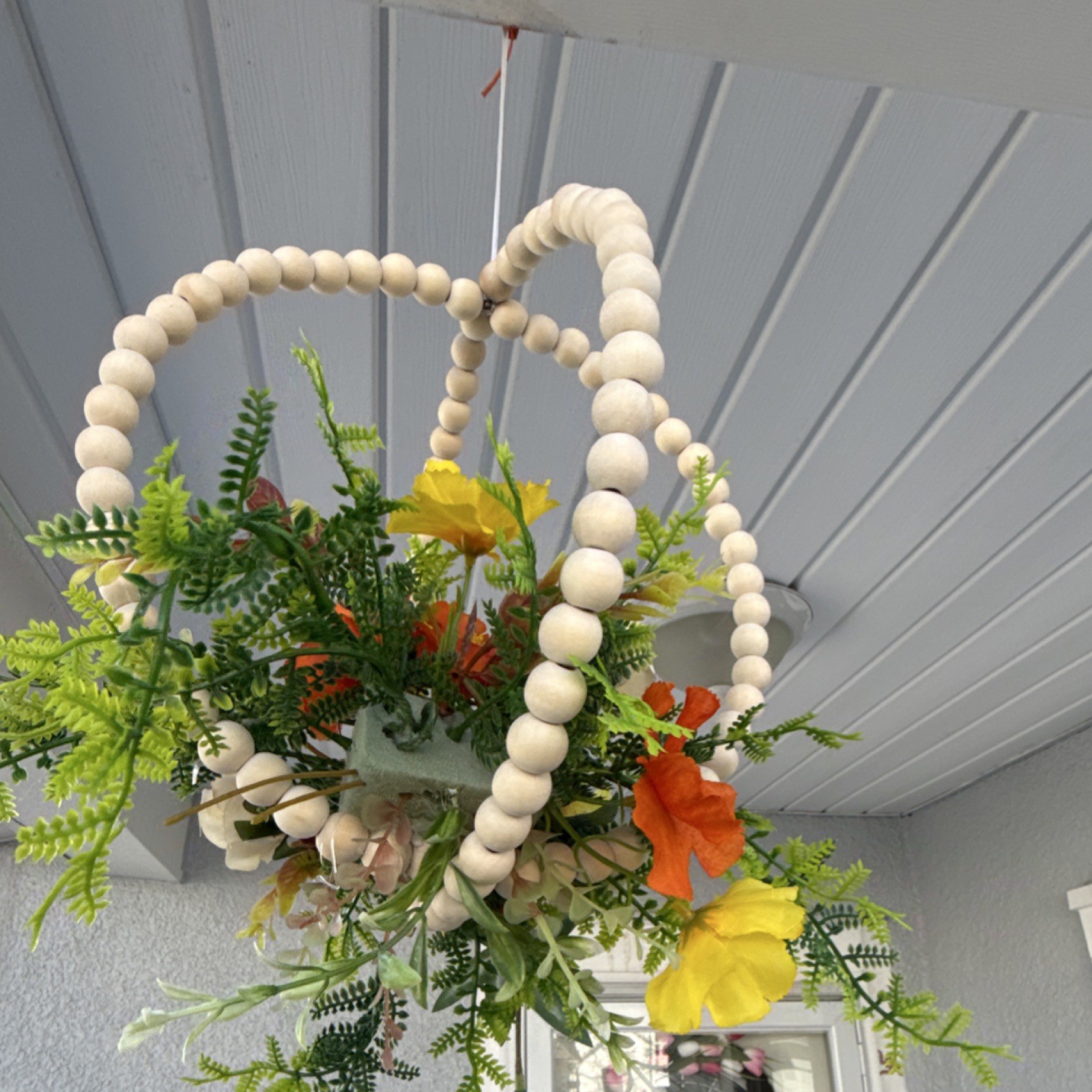 Artificial Hanging Basket Floral Arrangement with Wooden Bead Hoop, Rose, Fern