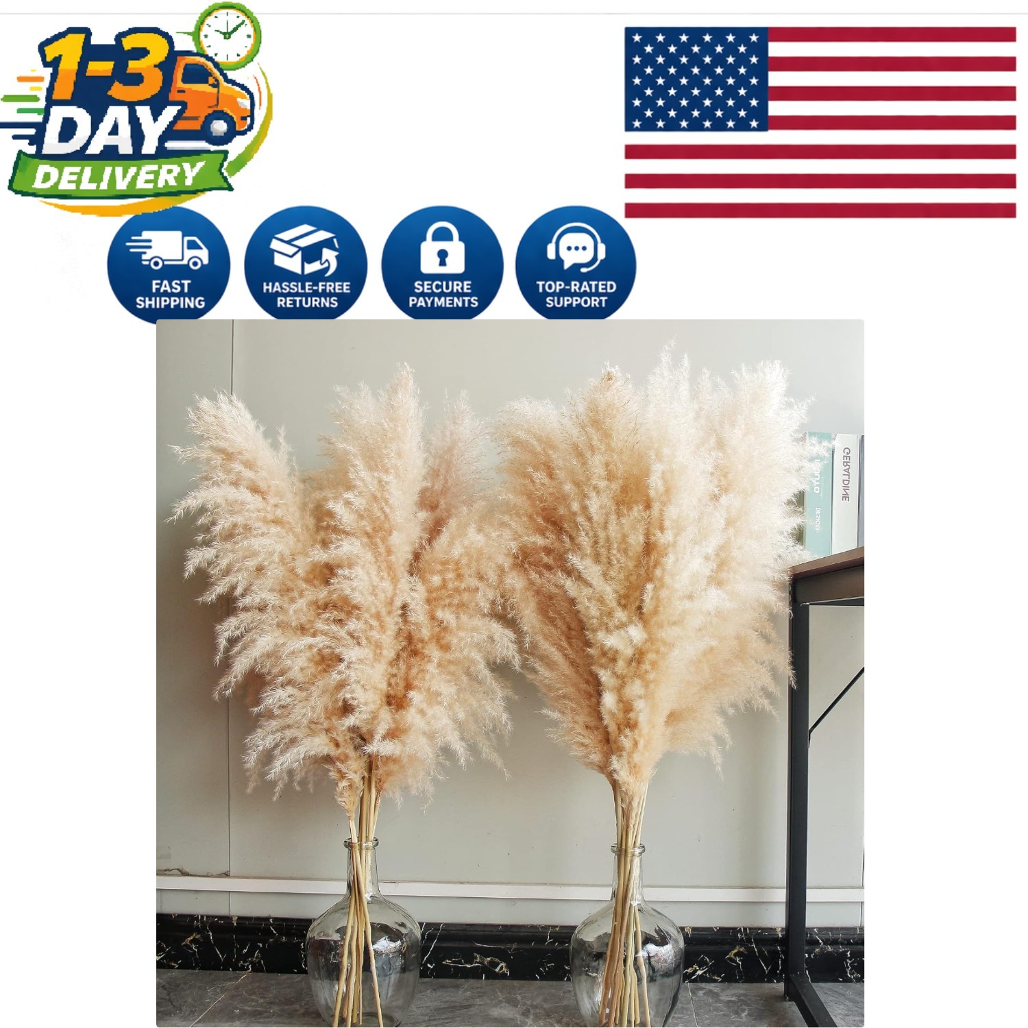 40″ Tall Beige Pampas Grass Decor – 10 Fluffy Stems for Boho Home Styling
