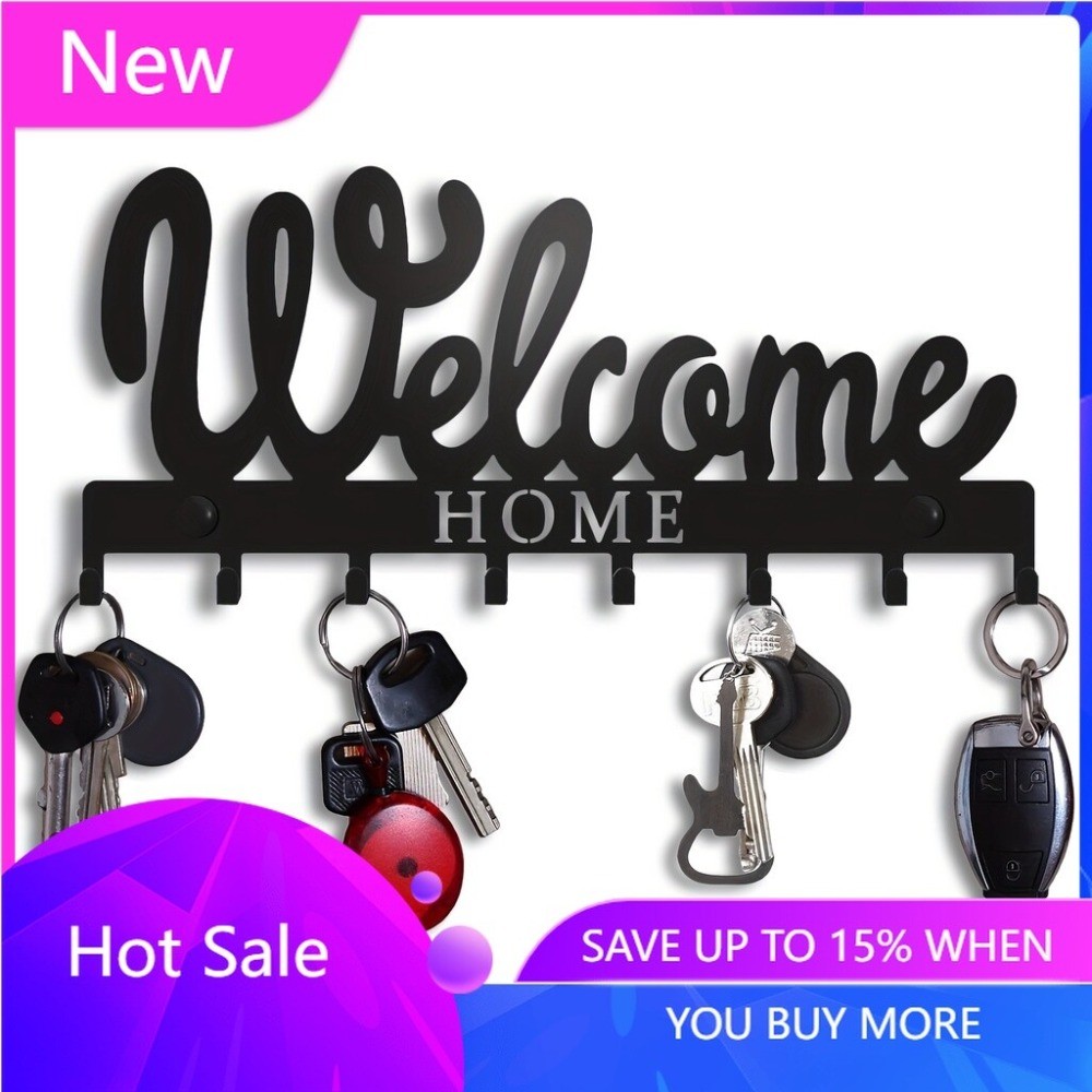 Stylish Black Metal Welcome Wall Mounted Key Holder Entryway Decor Gift