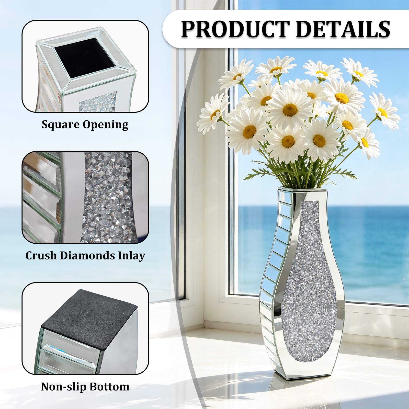 Crushed Diamond Mirrored Flower Vase Decorative Crystal Silver Glass Table Vase