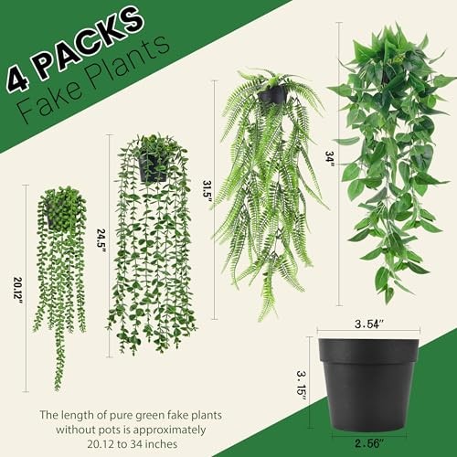 4Pcs Fake Plants Hanging Artificial Ivy Vine Faux Black Pots-4pcs Green