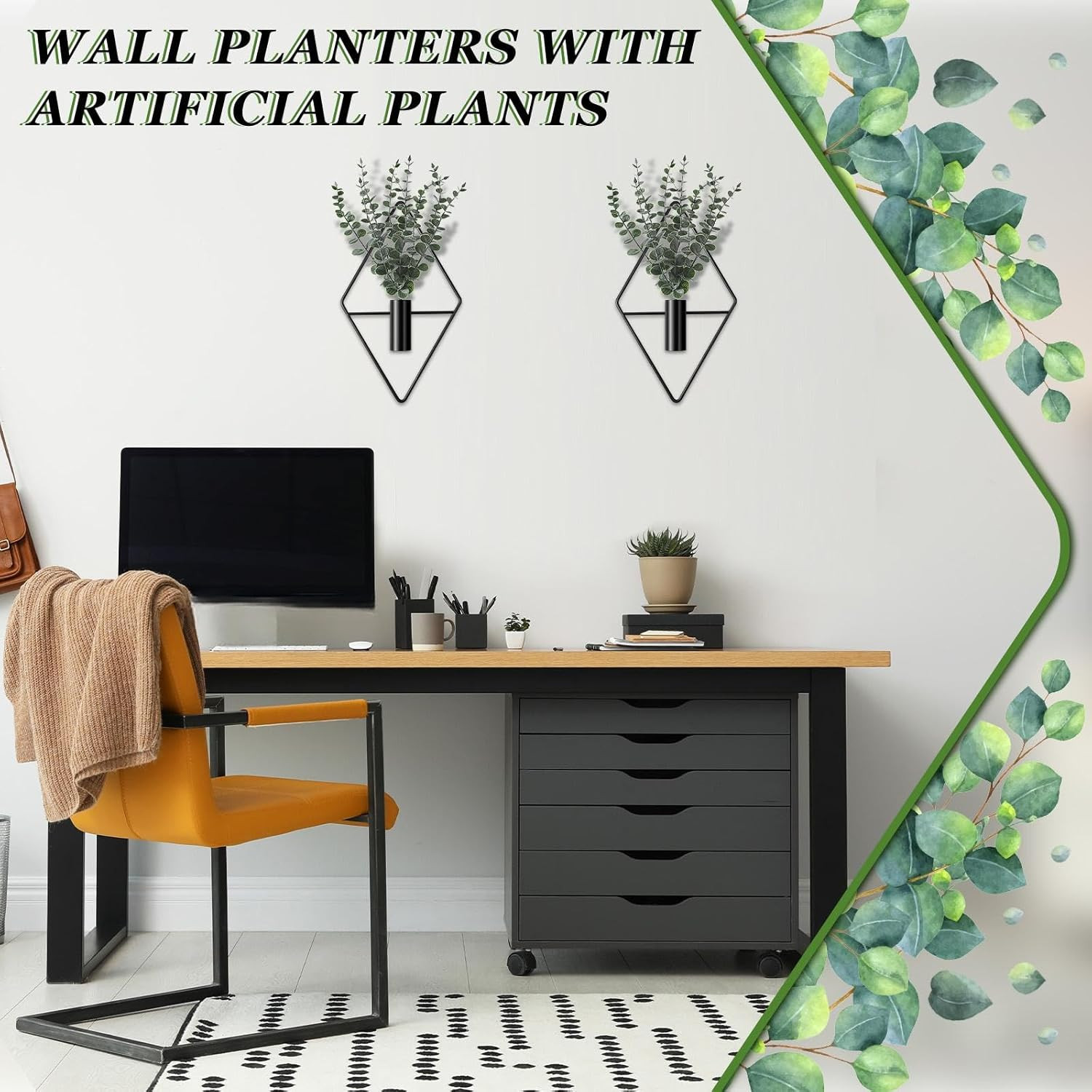 4 Pcs Hanging Planters with Artificial Eucalyptus Metal Hanging Vase Indoor Plan