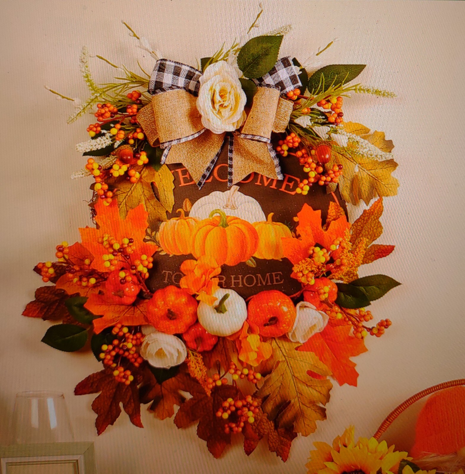 Artificial Fall Autumn Pumpkin Wreath for Front Door or Porch