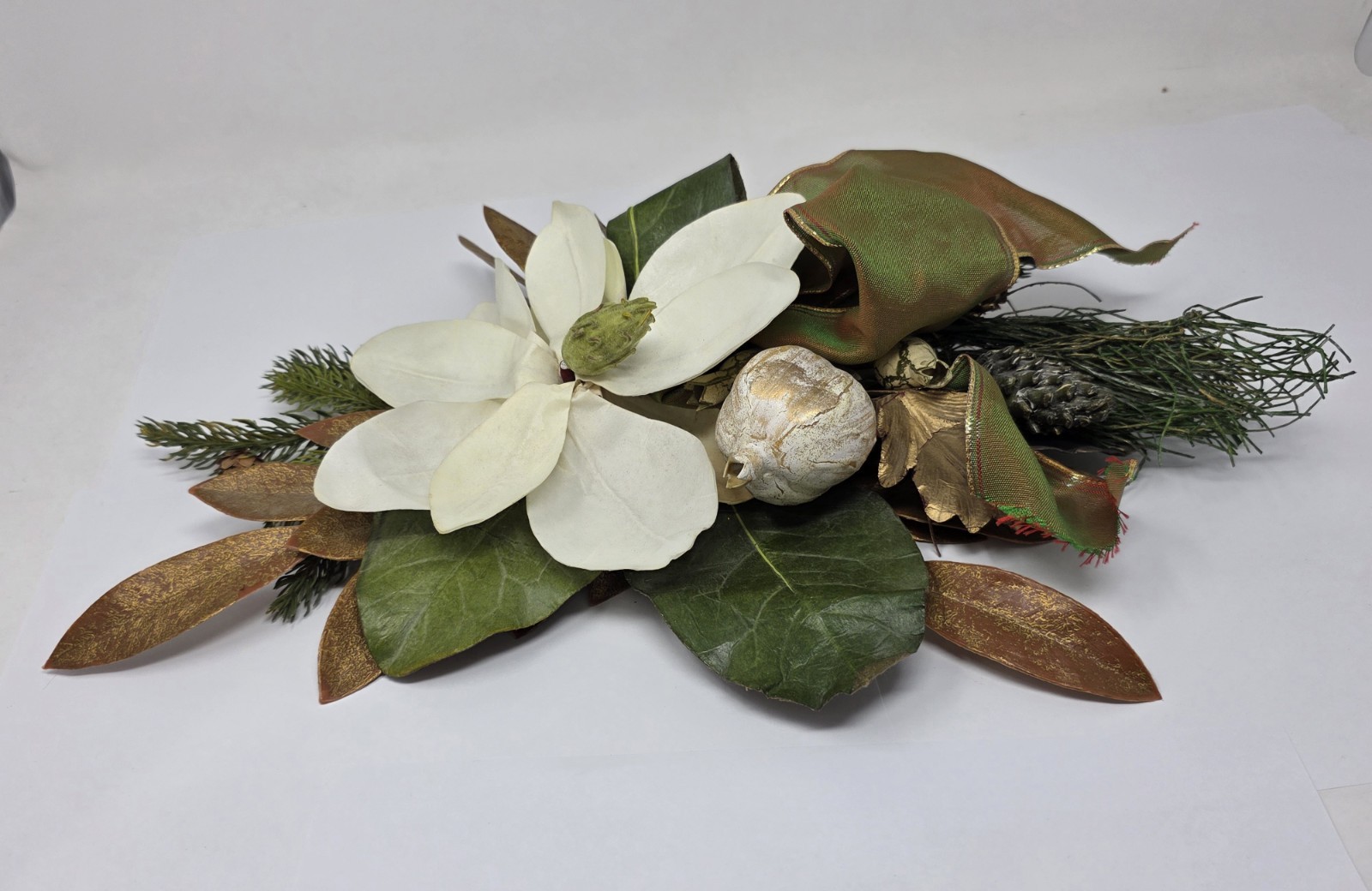 Magnolia Flower Silk Spray With Evergreen, Pinecones Ribbon Vertical Hanging