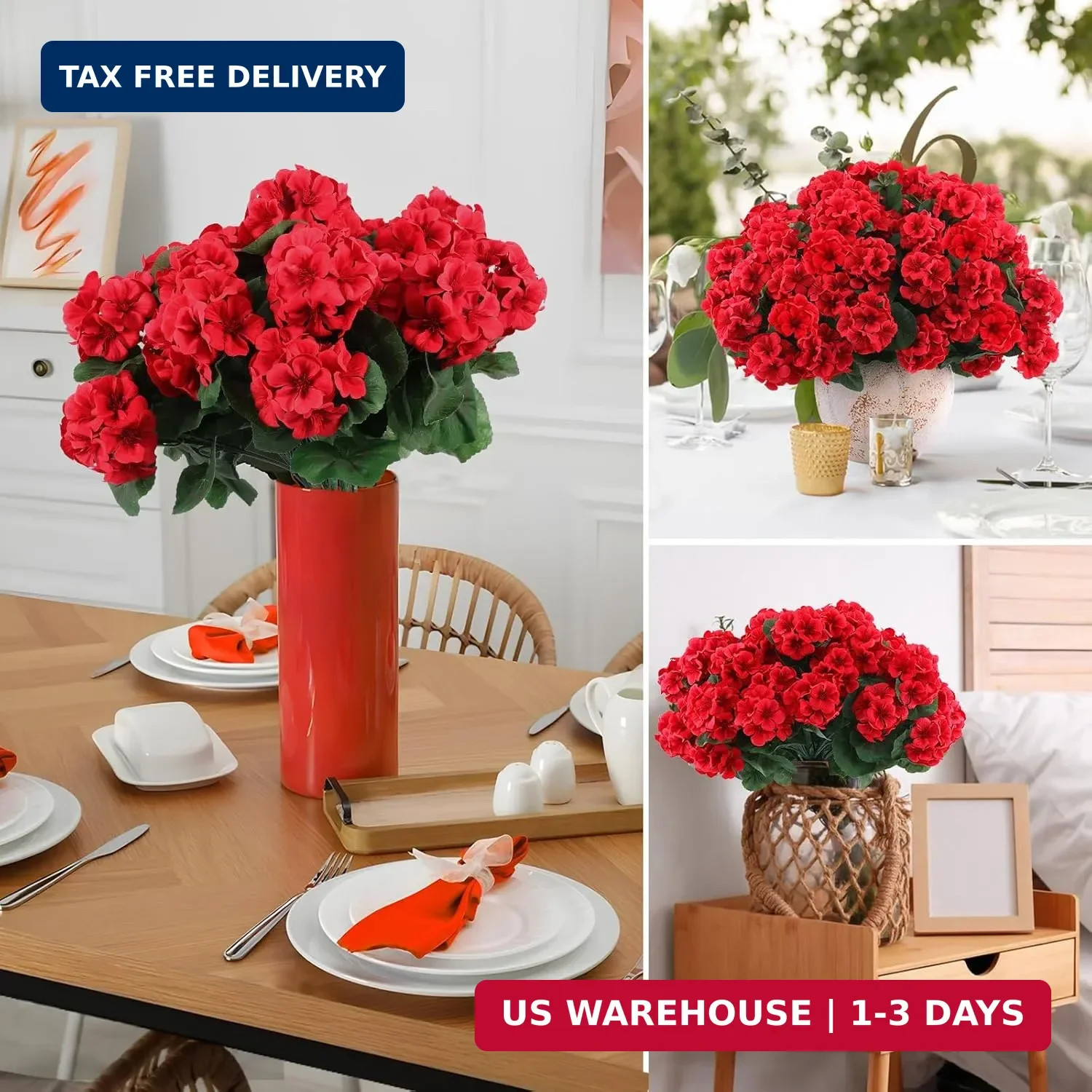 Hananona 6 Pcs Artificial Geranium Flowers for Outdoors Geranium Silk Red Flower