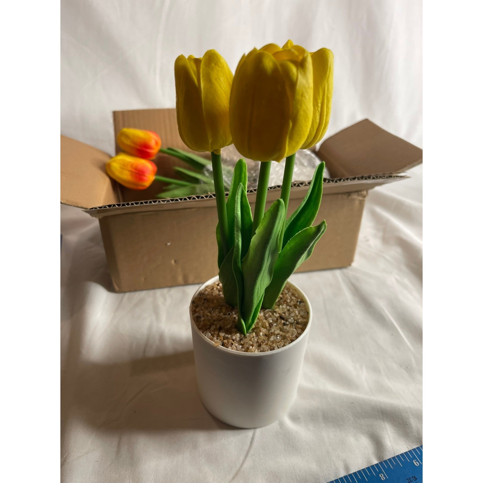Artificial Yellow Tulips in White Pot Real Touch Faux Potted Plant Decor