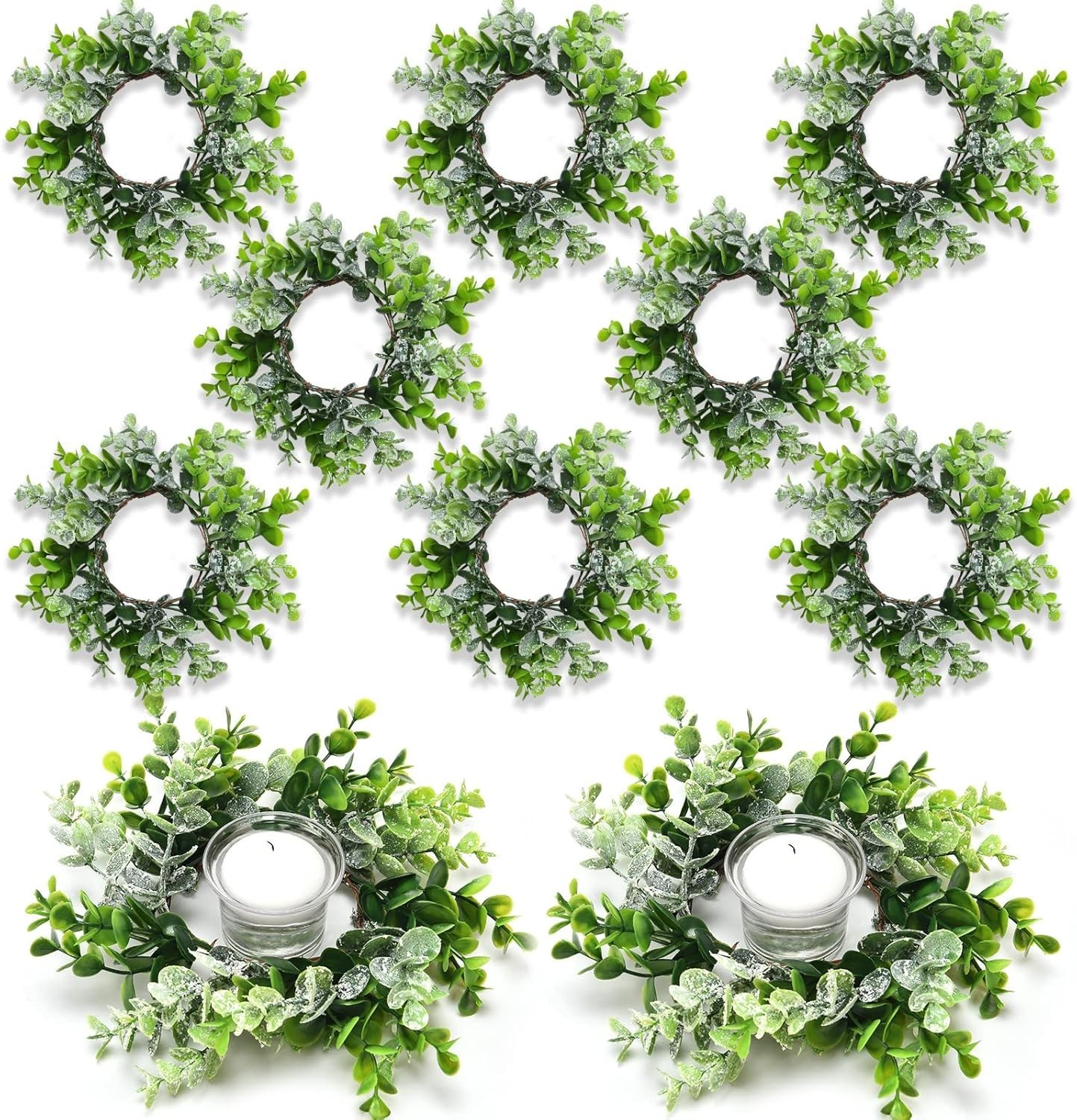 8 Pcs Mini Eucalyptus Candle Rings – Elegant Floral Wreaths for All Seasons