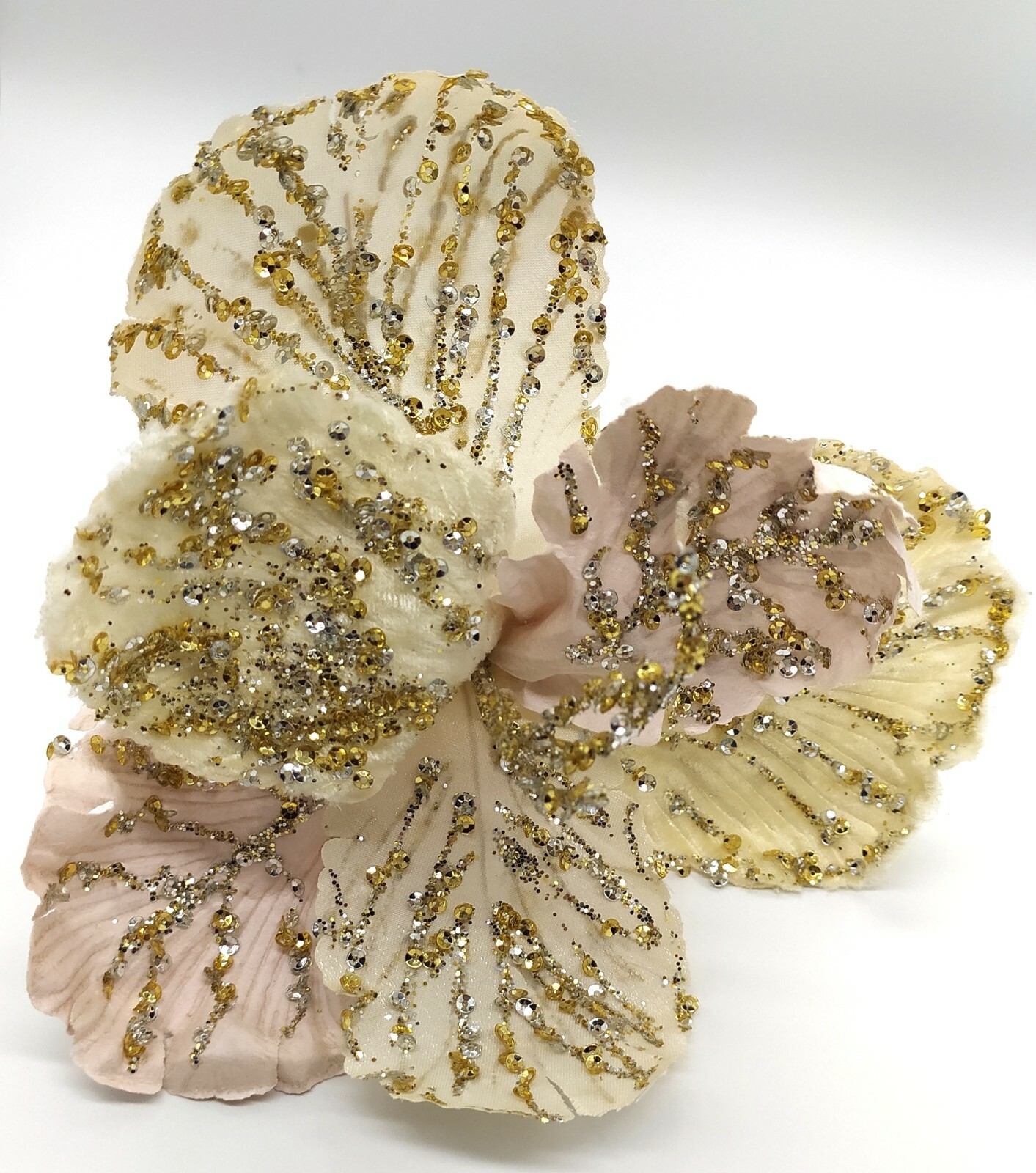 F011 Cream Hibiscus Glittered Clip On Christmas Decoration Artificial Flower