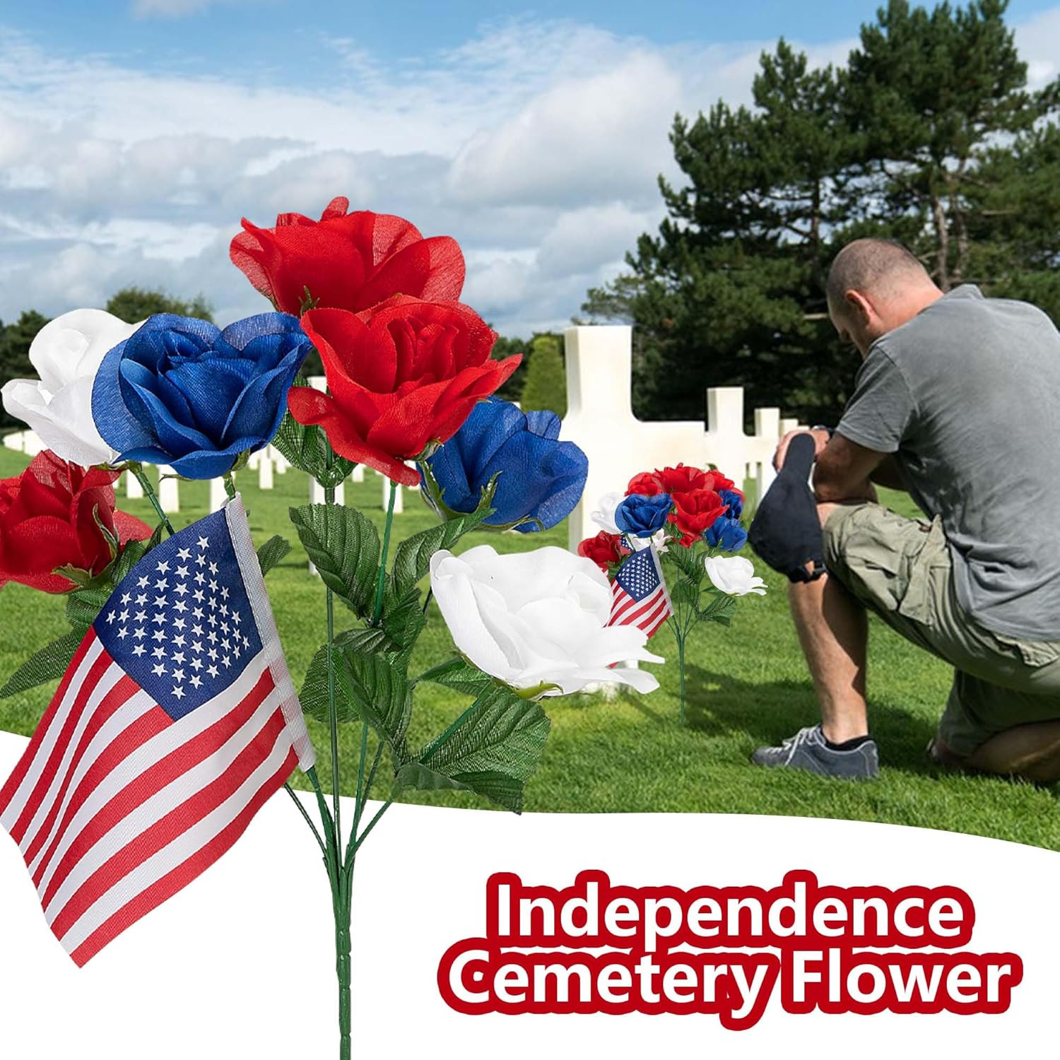 4 Bunches Memorial Day Artificial Flowers, Red Blue White Cemetery Flower with F