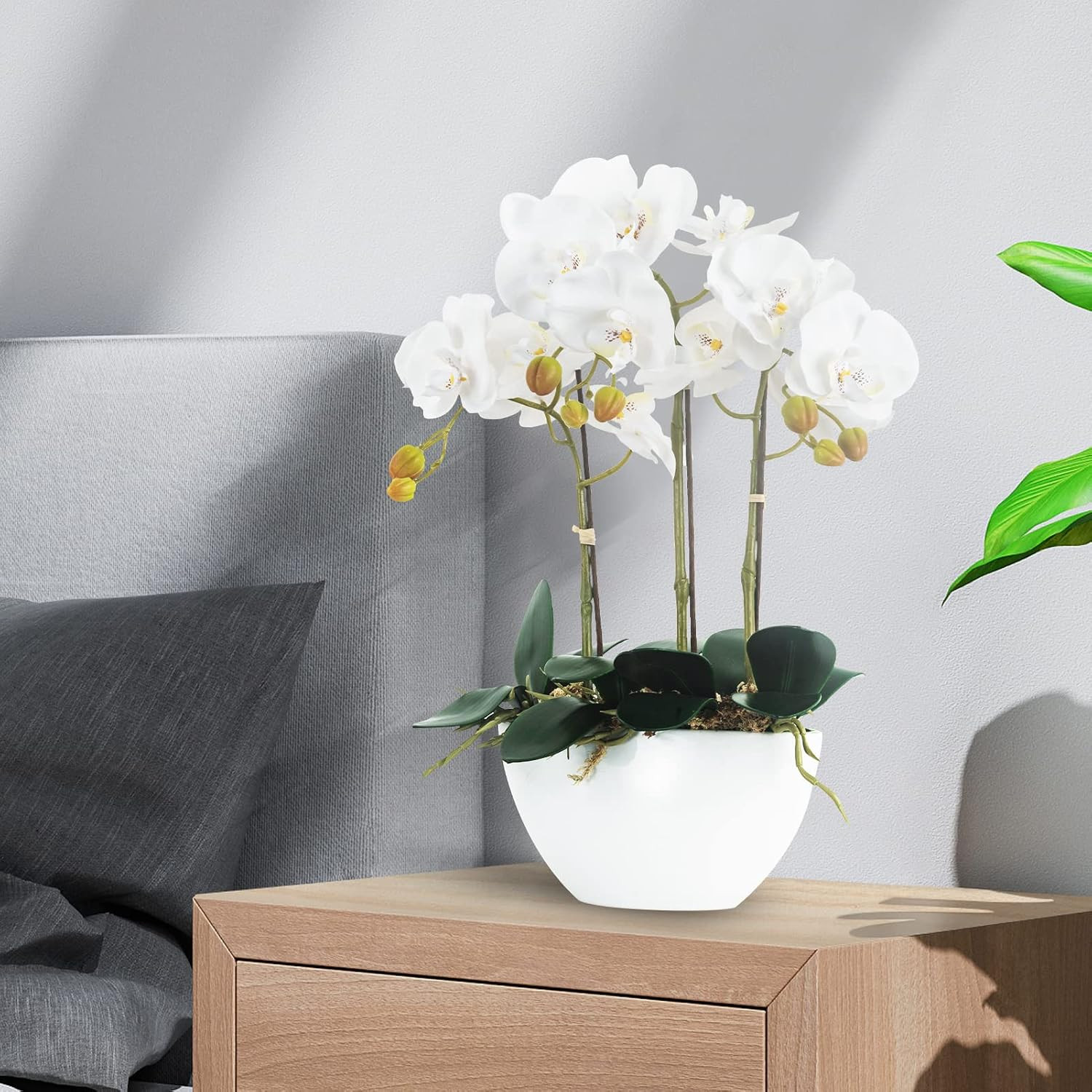 Realistic White Orchid Flowers in Ceramic Pot for Home Office Decor