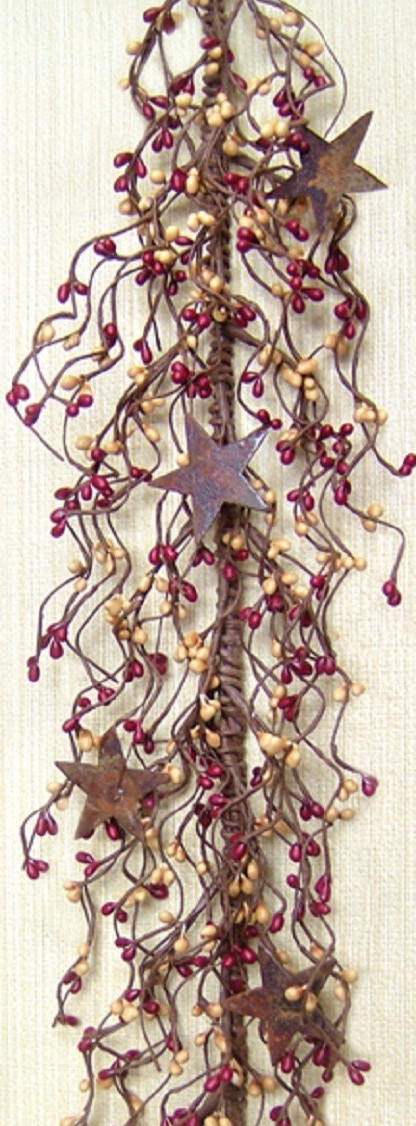 NEW Pip Berry Garland Rusty 2″ Stars BURGUNDY OLD GOLD BERRIES 40″ Crafts Rustic