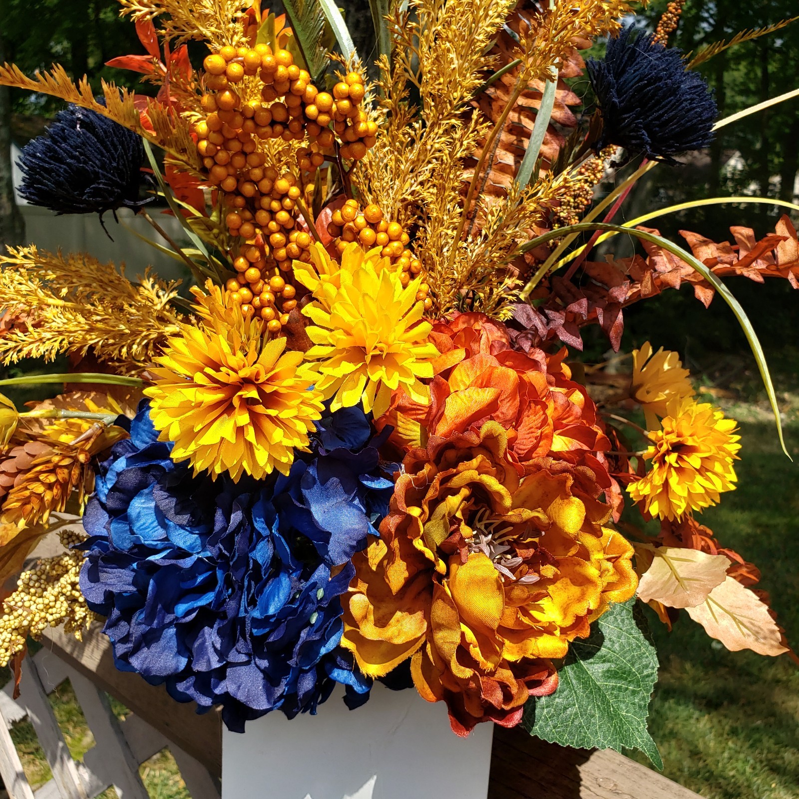 Set of 2 Large Fall Floral Arrangements, Blue Hydrangea Autumn Mantel Decor