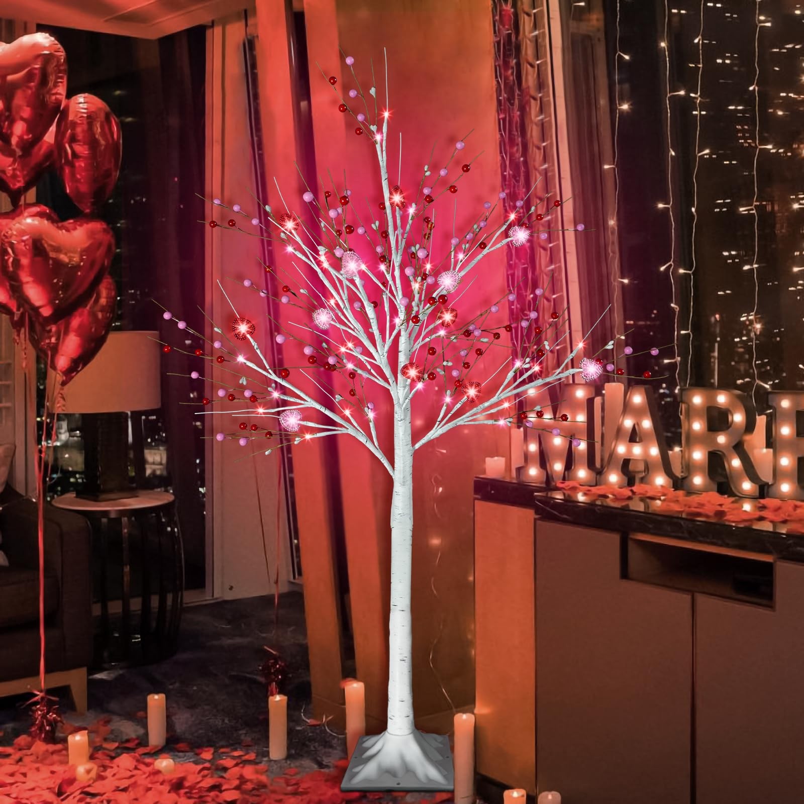 4 FT Lighted Valentines Day Artificial Birch Tree 48 LED Red Pink Heart