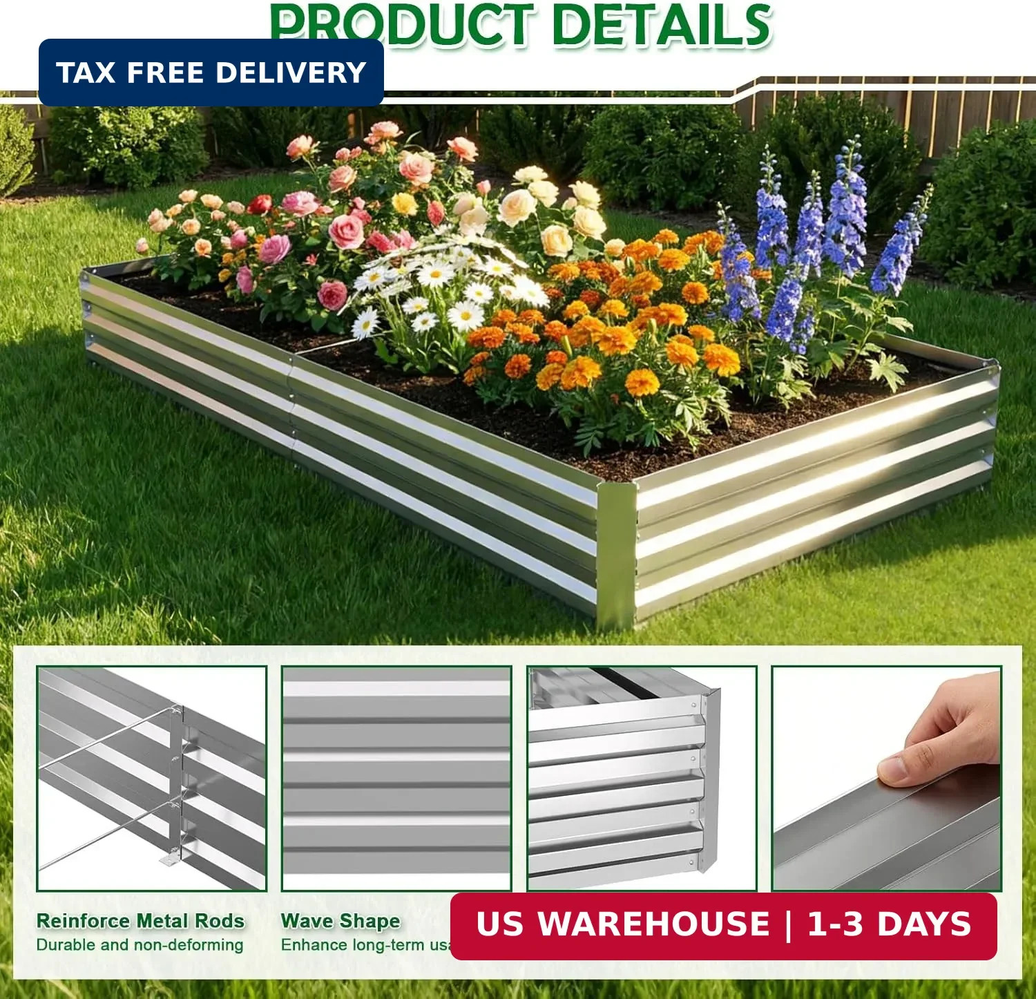 12x4x1FT Galvanized Raised Garden Bed, Metal Planter,Silver,1 Pack | Thick Galva