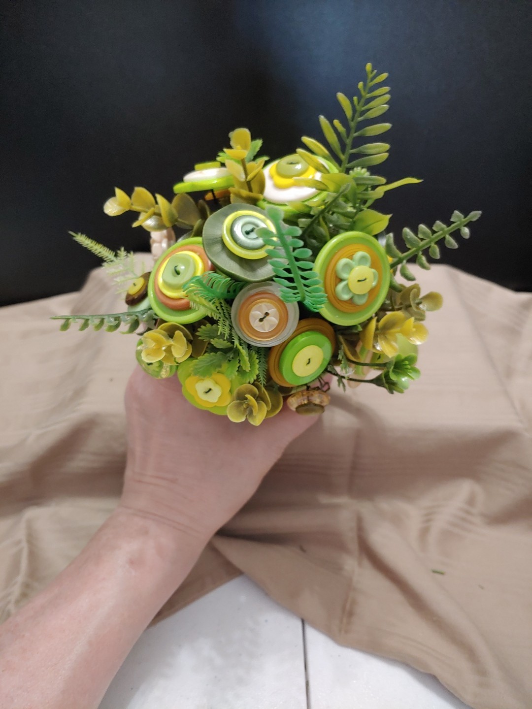 Green Yellow Button Flower Bouquet In Lime Green Coffee Mug Vintage