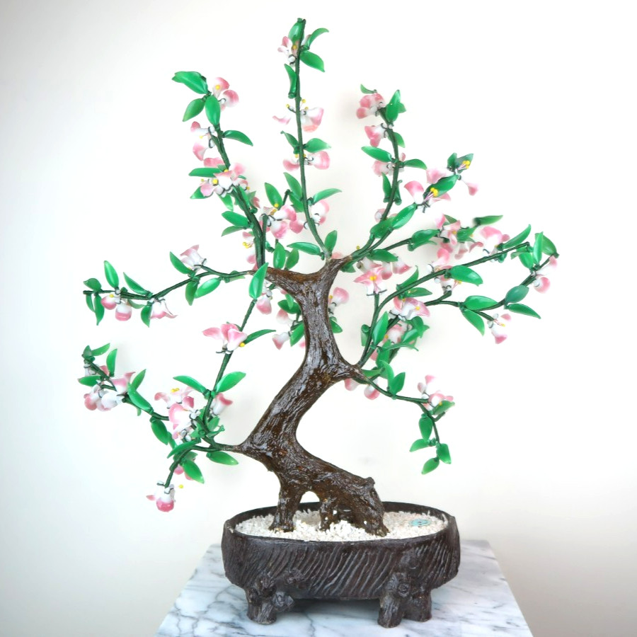 Glass Artificial Flowers Bonsai Plant – Pink White Green Porcelain Pot 18″H New