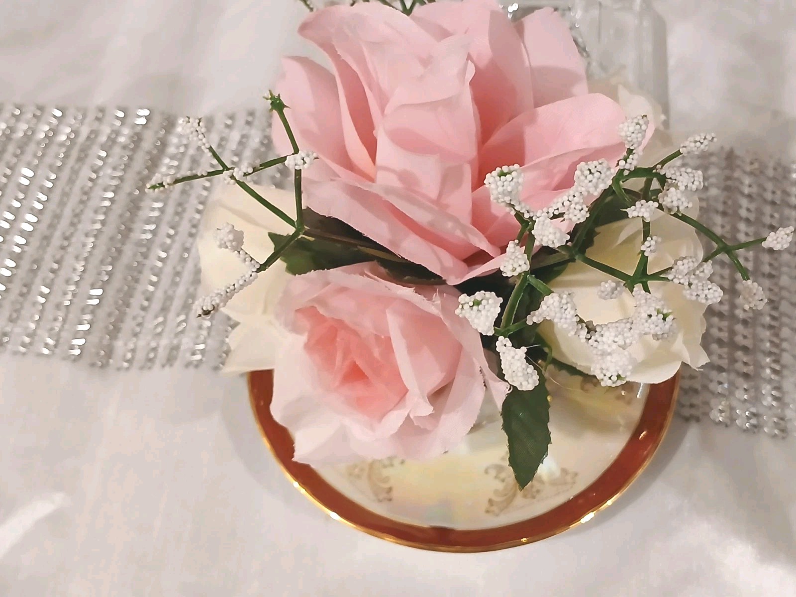 Bridal Pink & White Roses Floral Arrangement Tea Party Cup POP-IN Birthday Love