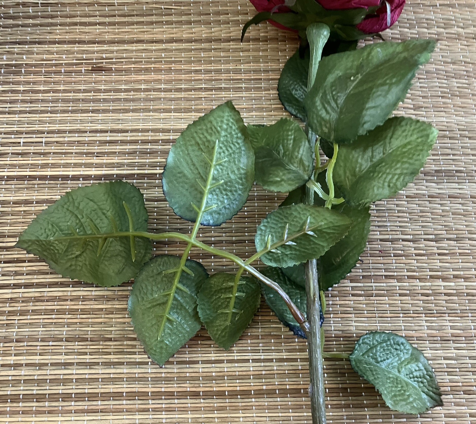 Vintage French 90’s Artificial Dark Red Cabbage ROSE Flower w/ Leaves, Long Stem