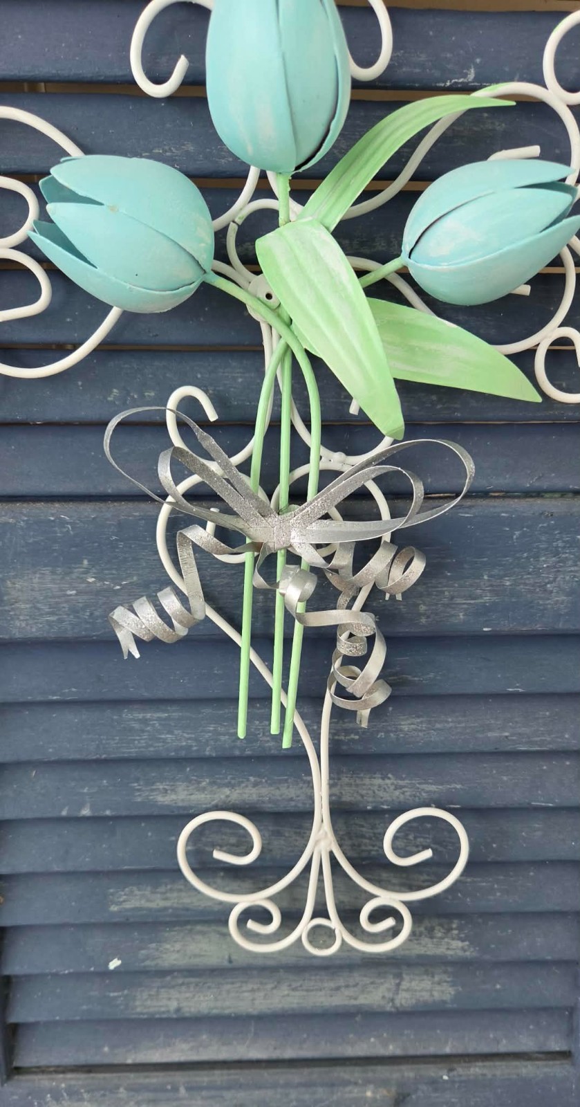 VTG Metal Art Curled Wire Cross w/Blue Tulips & Silver Bows Wall or Door Decor