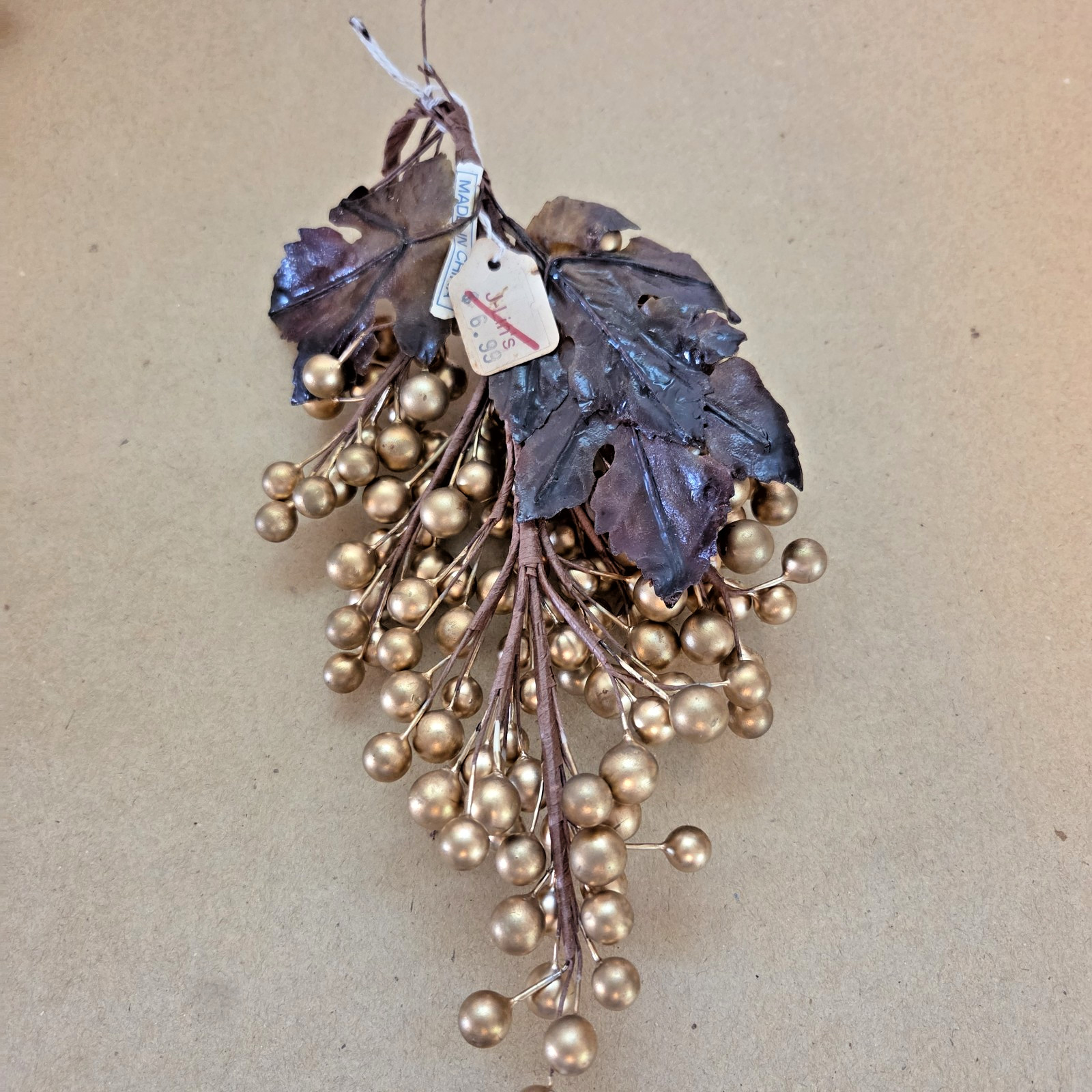 Gold Berries Vtg Leaf Pick Stems Lot of 10 Artificial Floral Holiday Craft Decor