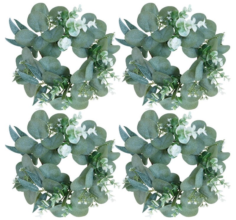 Artificial Eucalyptus Candle Rings – Set of 4 Greenery Wreaths for Holders