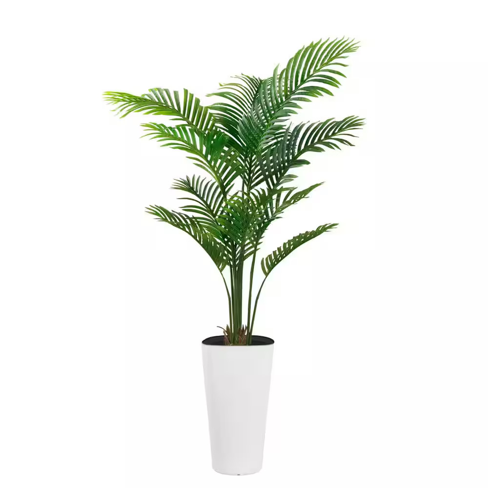 5 Ft Artificial Palm Tree White Pot with Real Bark Design Faux Areca Palm Tree f