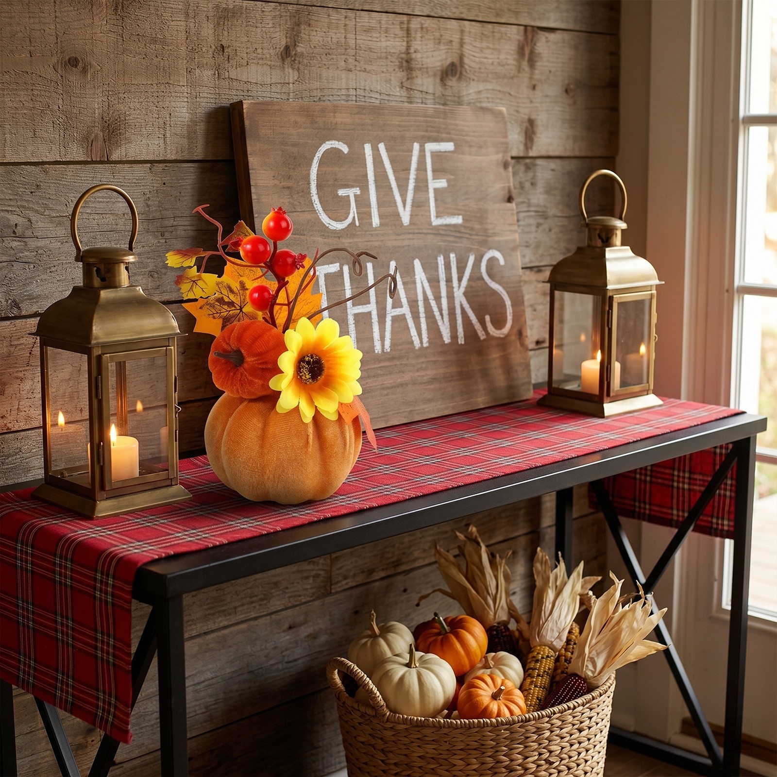 7.87in Autumn Flocked Pumpkin Decor with Sunflowers and Plastic Berries
