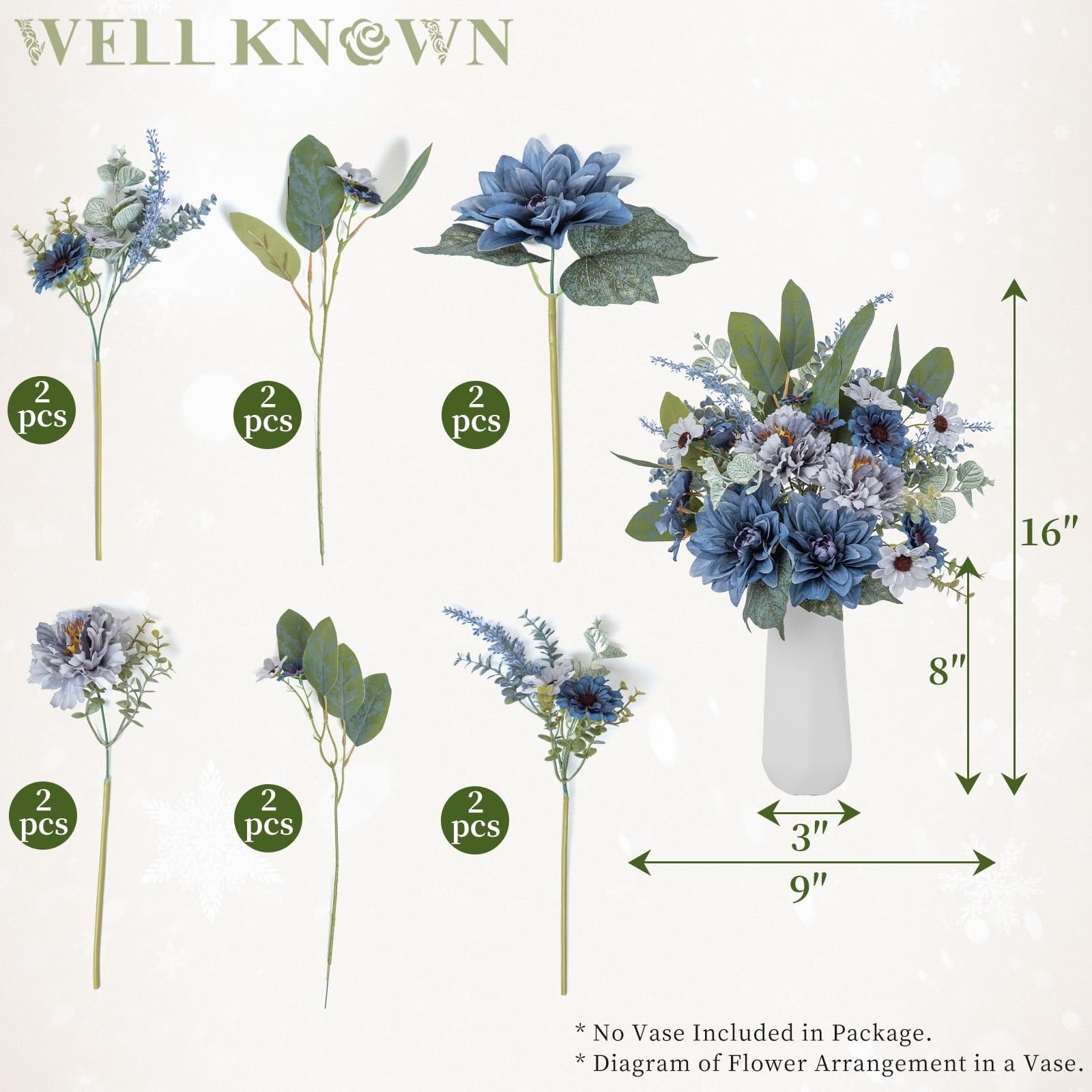WELL KNOWN Artificial Flowers Bouquet, Blue Fake Flowers for Vase, Silk Faux …
